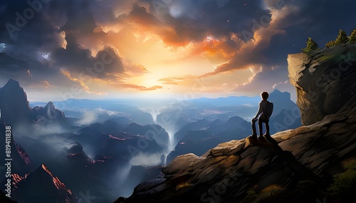 person rests atop a mountain, gazing upon the landscape, anime styled photo