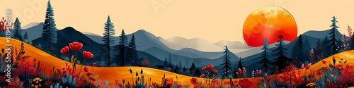 A minimal abstract illustration of a landscape  in mainly primary colors of red, yellow, and blue.  #819412038