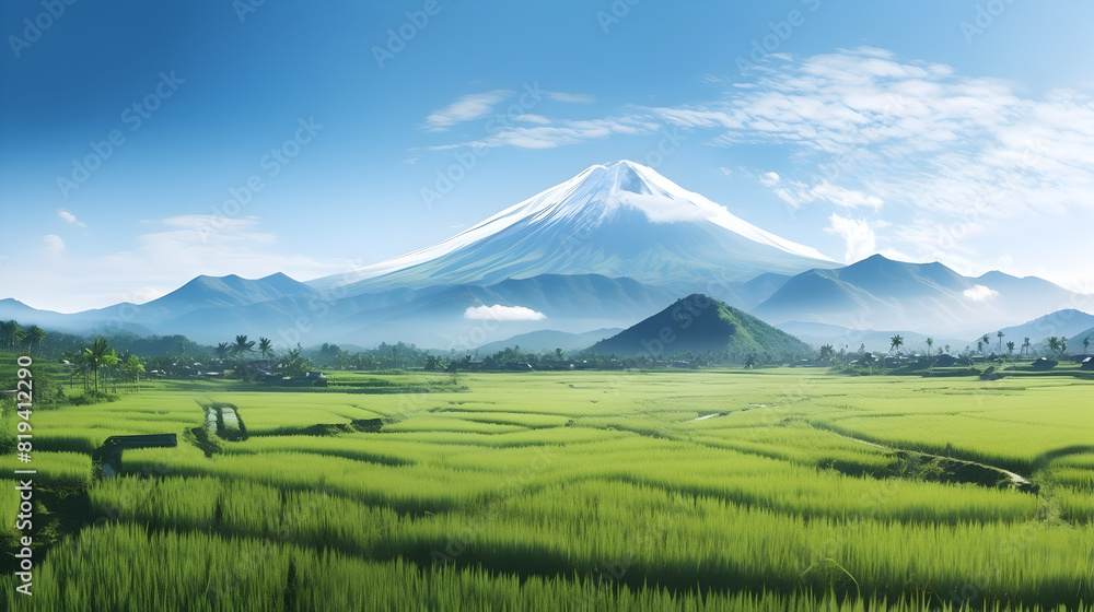 Rice fields with a mountain in the background Rice fields with a mountain in the background