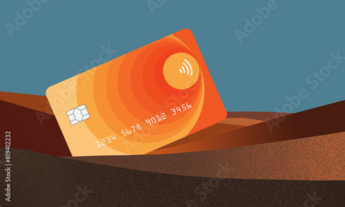 A credit card with near field communication icon  is seen in a landscape scene with text area or copy space and it is a 3-d illustration. photo