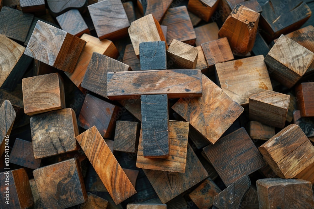 Wooden cross on top of abstract geometric wooden objects Wooden cross on top of abstract geometric wooden objects
