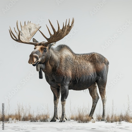 hyperrealistic dynamic action  standing moose  extremely bright white background 