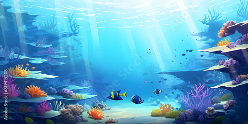 An anime background depicting a mystical underwater world with colorful coral reefs and exotic sea