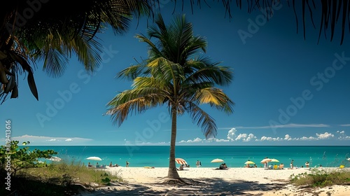 Beach  nice weather  palm tree  People enjoying sunbathing  parasols  children playing happily  hotel in the distance