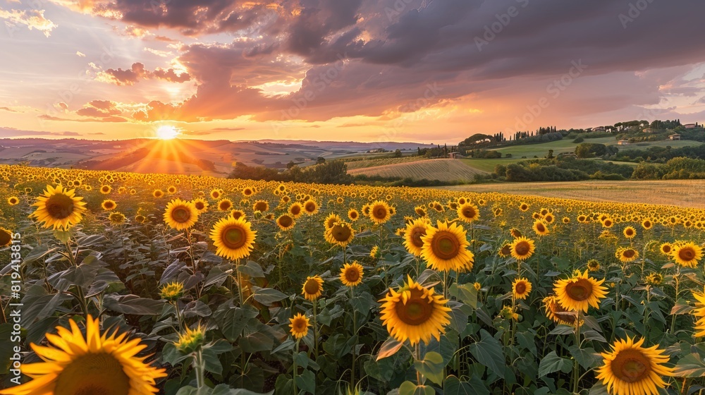 Obraz premium Sunset over a sunflower field 