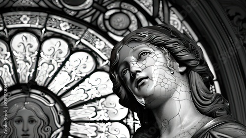 image black and white stained glass window depicting a woman