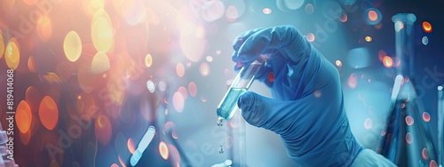 hand of scientist in blue glove with test tube and flask in medical chemistry lab banner background