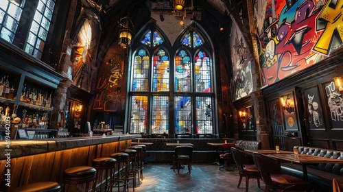 A large and cozy interior of an old gothic pub with high ceilings  large windows at the back wall covered in colorful abstract art