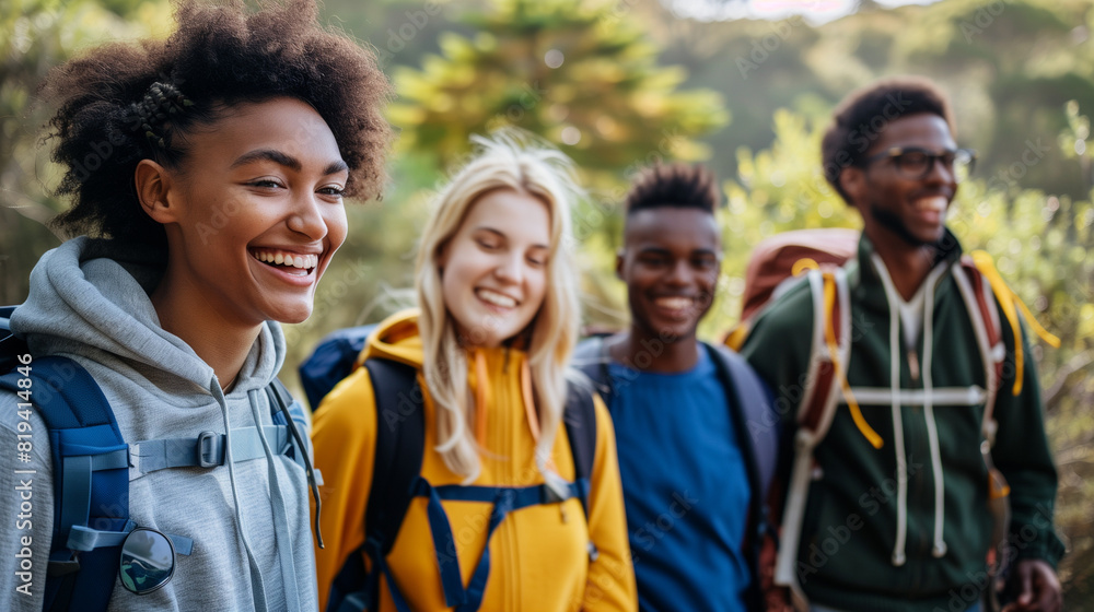 Group of Young People Walking Through a Forest Group of Young People Walking Through a Forest