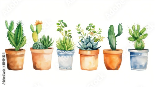 Watercolor painting of a cactus in a pot on a white background 