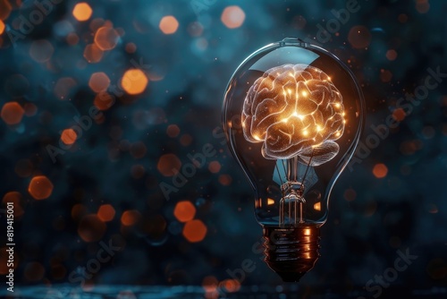 A light bulb with a glowing brain inside on a dark background, depicting the concept of artificial intelligence and the idea. With high detail, a hyper realistic photo taken