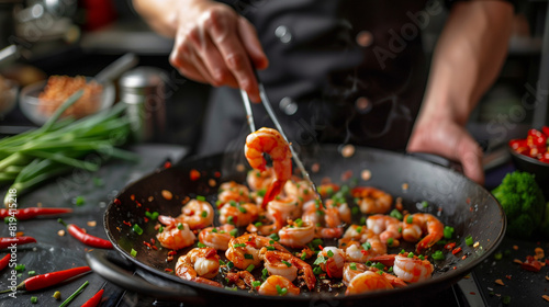 Person Cooking Shrimp in Skillet