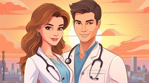 Young doctors boy and girl cartoon flat design front view patient care theme cartoon drawing Analogous Color Scheme