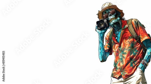 Zombie Tourist, Tropical Undead Traveler, relaxed, adventurous, pose, great for travel and holiday graphics