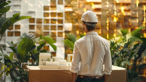 A male architect in a white shirt and helmet, looking at a model of a modern house standing o photo