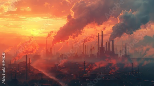Industrial skyline at sunset with dense smoke and pollution. Stunning yet somber image highlighting environmental challenges.