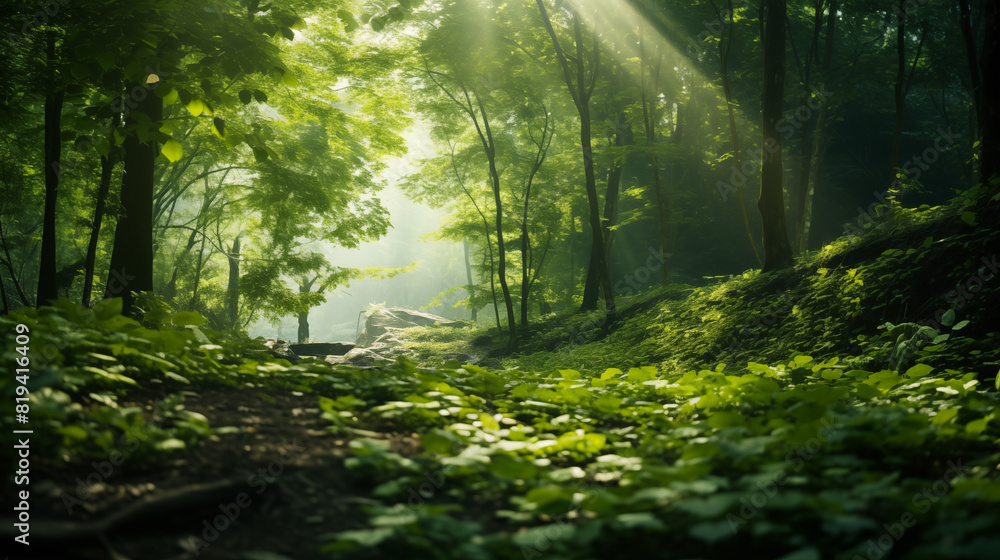 Green forest background with sunlight filtering through the leaves.