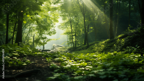 Green forest background with sunlight filtering through the leaves.