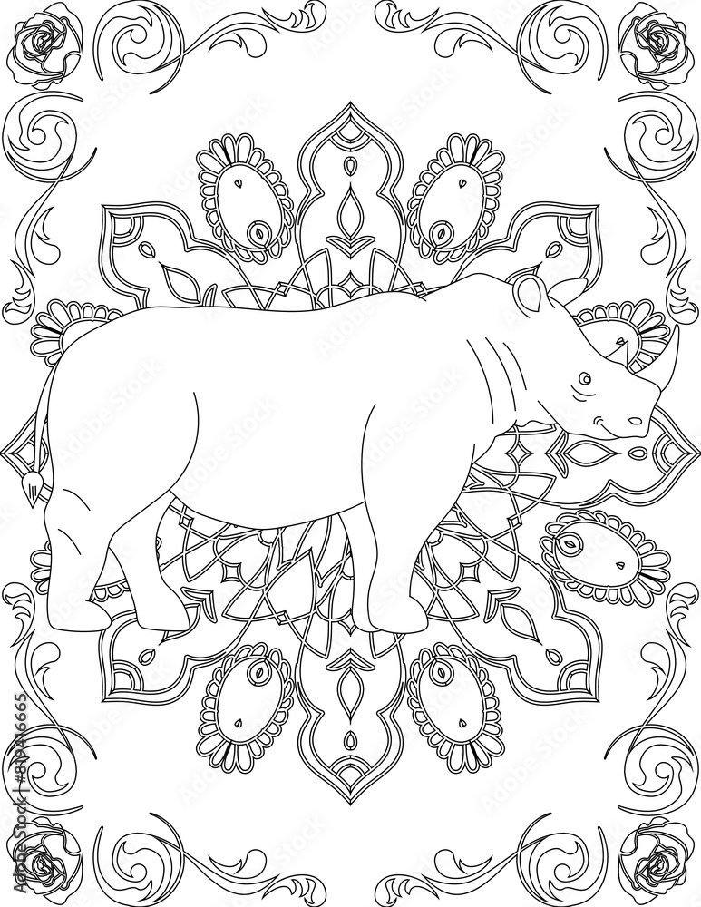 Fototapeta premium Rhino on Mandala Coloring Page. Printable Coloring Worksheet for Adults and Kids. Educational Resources for School and Preschool. Mandala Coloring for Adults