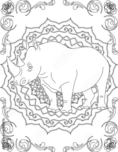 Rhino on Mandala Coloring Page. Printable Coloring Worksheet for Adults and Kids. Educational Resources for School and Preschool. Mandala Coloring for Adults