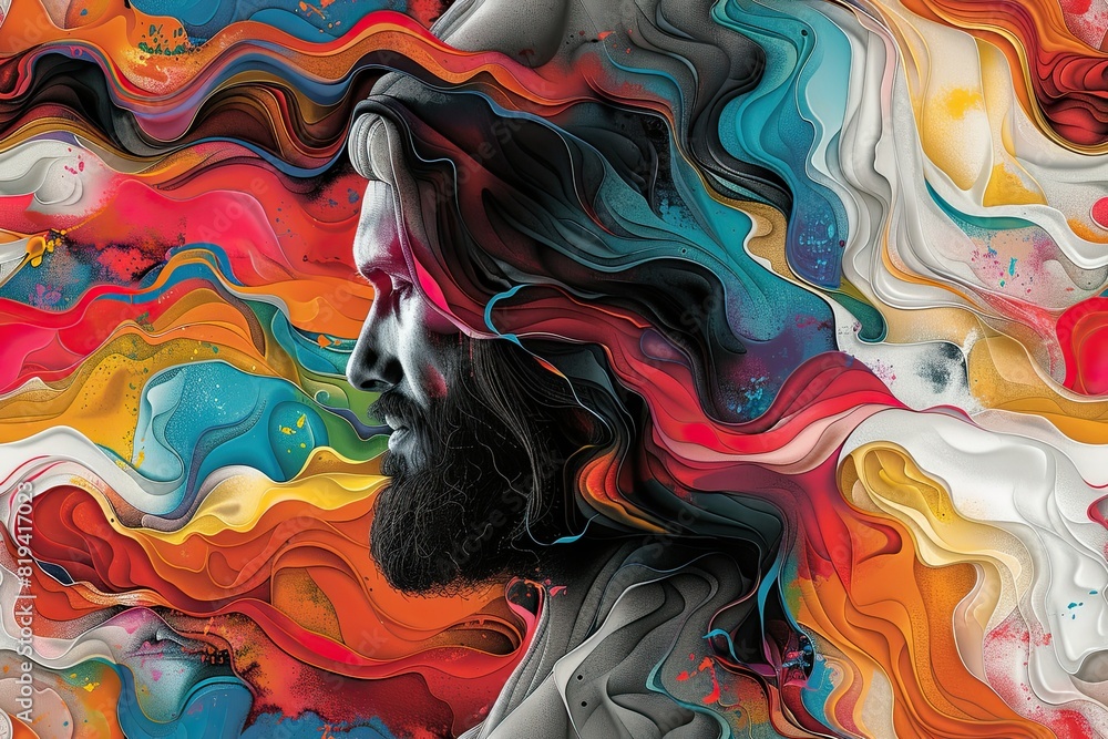 jesus bringing color into a black and white world, simple line art