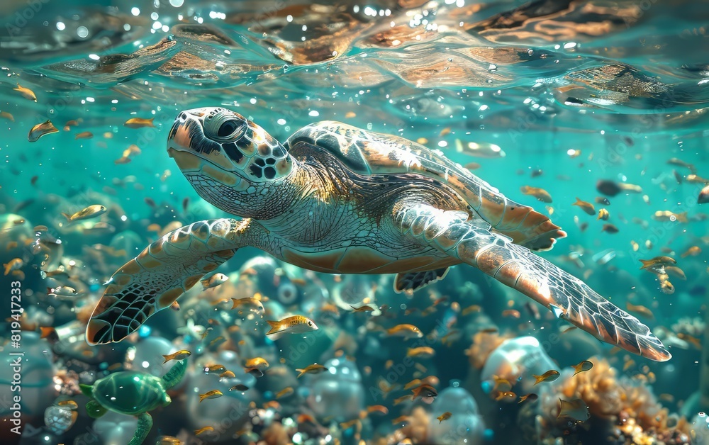 Obraz premium Sea turtle swimming amidst plastic pollution in the ocean, highlighting environmental issues and the need for conservation.