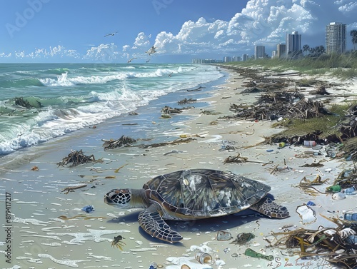 Sea turtle on polluted beach among washed-up trash, highlighting the impact of pollution on marine life and coastal environments. photo