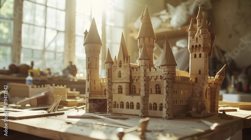 a model of an English castle made from wood on the table in workshop,