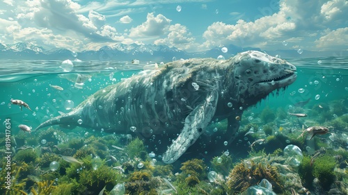 Underwater scene featuring a large seal swimming amidst seaweed and bubbles, under a sunny sky with clouds and distant mountains.