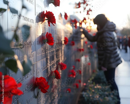 A wall of names commemorating fallen soldiers, with people touching the engravings and leaving flowers on Memorial Day photo
