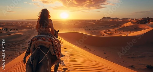 A young woman riding a camel across the sand dunes of the Sahara Desert under a scorching sun photo
