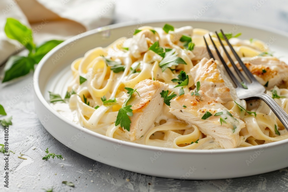 Delicious fettuccine pasta in a creamy sauce topped with grilled chicken and garnished with parsley Delicious fettuccine pasta in a creamy sauce topped with grilled chicken and garnished with parsley