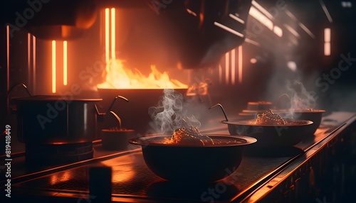 Dystopian Food Court with Chrome Tableware and Neon Lit Serving Stations in Cinematic 3D Render
