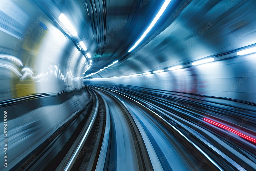 Abstract motion blur of a subway train speeding through an underground tunnel