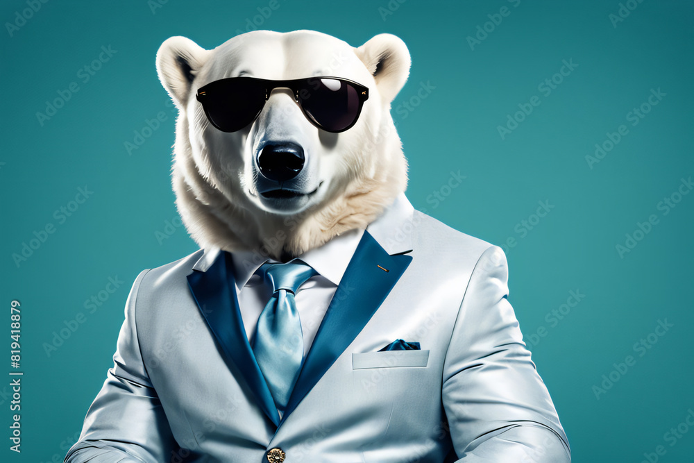 Polar Bear in lush suit outfits with sunglasses Polar Bear in lush suit outfits with sunglasses