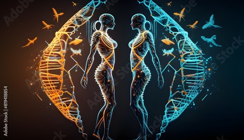 Biohacked Hybrid Creatures Interacting with Genetic Code and Digital Visualizations photo