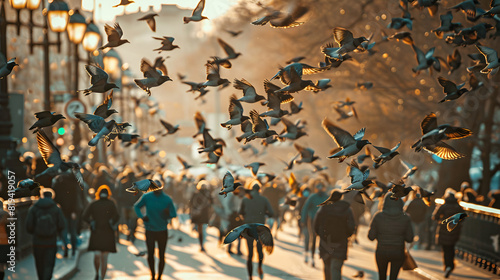 Pigeons flying on road during marathon race, Generative AI