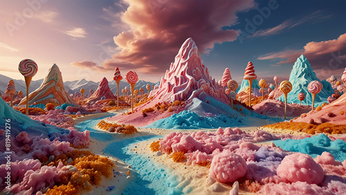 Fantasy Dessert Landscape with Ice Cream Mountains and Candy Forests Picture a cinematic shot of a vast dessert landscape where mountains are made of multi-flavored ice cream and forests consist of gi photo