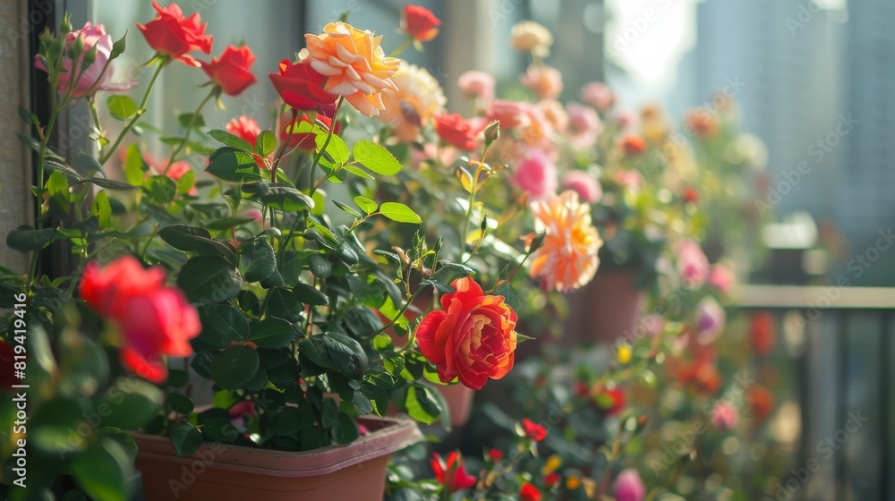 Bright colorful roses flourishing on an urban balcony with a city background