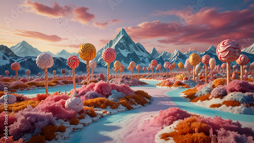 Fantasy Dessert Landscape with Ice Cream Mountains and Candy Forests Picture a cinematic shot of a vast dessert landscape where mountains are made of multi-flavored ice cream and forests consist of gi photo