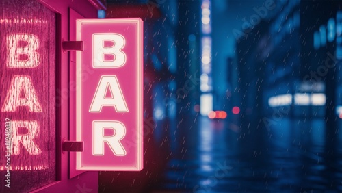 Glow of a pink neon BAR sign on a rainy night. Moody and atmospheric night-time scene.