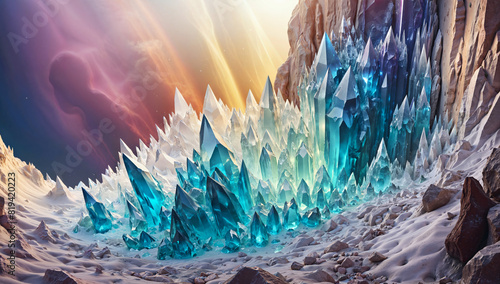 A surreal, crystalline landscape emerges from a barren, rocky terrain, with towering spires of shimmering blue and white crystals reaching towards a glowing, ethereal sky. 8k photo