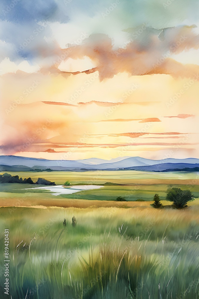 Obraz premium watercolor sunset over the river