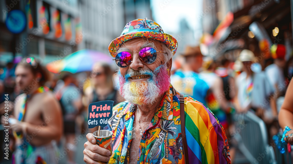 a senior man with a shaved head and a rainbow beard, dressed in flamboyant clothing and holding a handmade sign that reads 