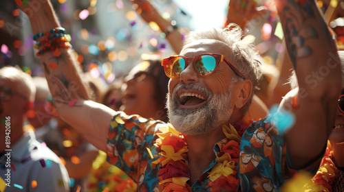 a jubilant crowd at a Pride parade, with a focus on a group of senior men dancing and holding hands, their faces filled with joy. 