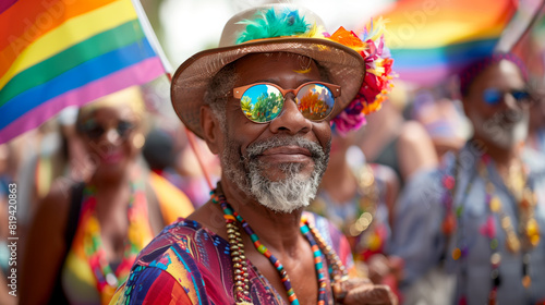 a senior Black man with a cane, marching in a Pride parade with determination and pride.