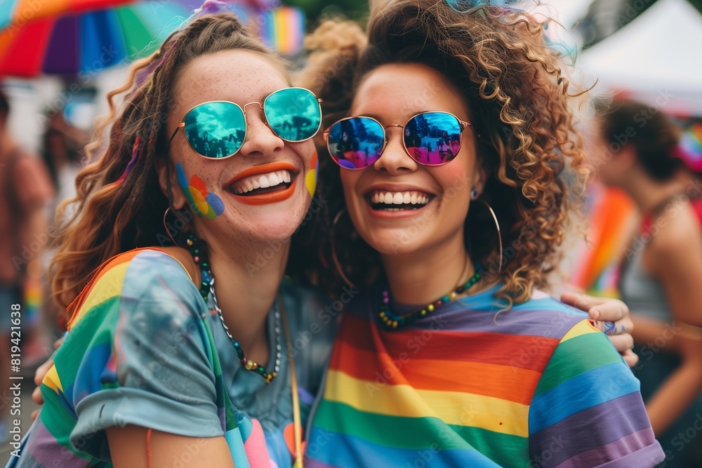 Two women laughing and holding each other close while wearing matching pride t-shirts at a festival Two women laughing and holding each other close while wearing matching pride t-shirts at a festival