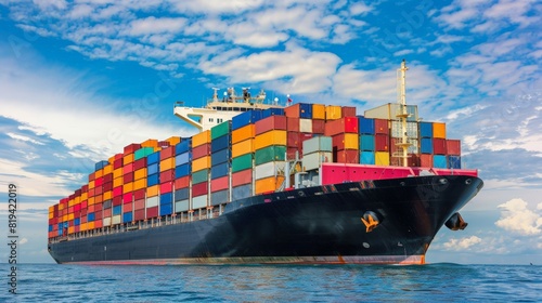 the large cargo ship at sea, loaded with colorful shipping containers stacked high on its deck on the sea with blue sky