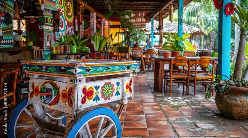 A white wooden cart with colorful and traditional Colombian patterns, inside a restaurant in the jungle, photo