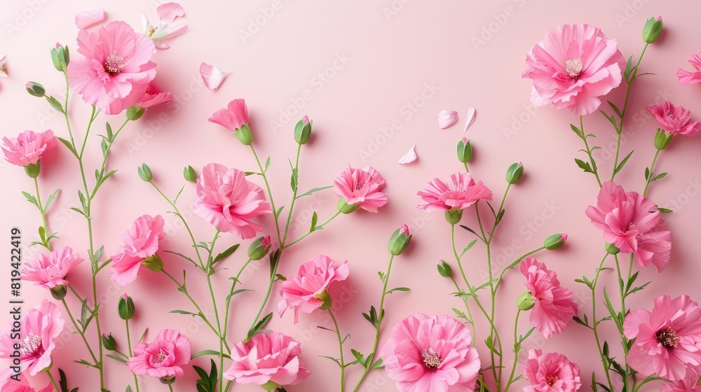 A Close-Up Portrayal of Pink Flowers in Full Bloom Against a Soft Pink Background, Capturing the Essence of Spring's Beauty. A Close-Up Portrayal of Pink Flowers in Full Bloom Against a Soft Pink Background, Capturing the Essence of Spring's Beauty.